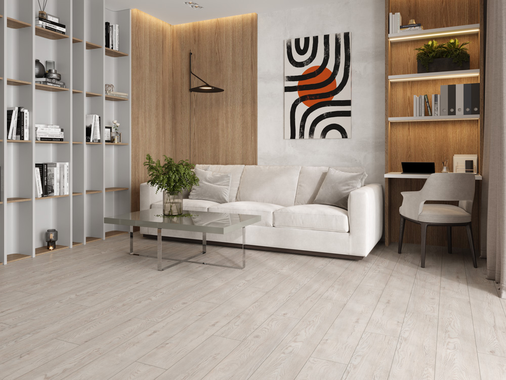 Кварцвиниловый SPC ламинат Cronafloor Grand Sequoia Дуб Каменный 1200×180×5 фото в интерьере